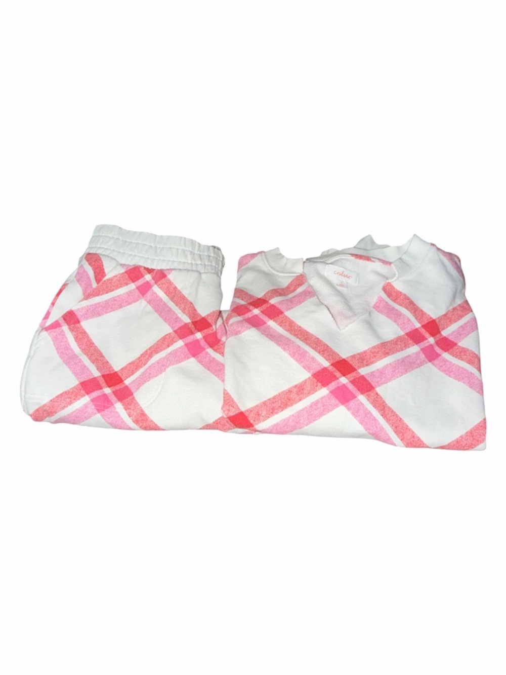 Colsie Size Small Pink Women’s Plaid Sweatsuit Set Crop Sweatshirt Jogger Pants